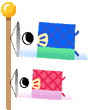 Animated contact sheet showing two frames of a fish-shaped flag icon with blue and red patterned sections, black eyes, yellow mouth shapes, and green/pink lower borders on gray background.