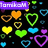 Pixelated heart pattern with overlaid text fragments on black background, featuring neon-colored hearts and pink/purple text blocks.