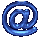 Blue @ symbol icons in various 3D orientations with metallic sheen on gray background.