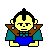 Pixelated character with yellow skin, black hair, blue pants, and teal-and-brown shoulder armor in a of expressions