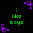 Green text 'i like boys' on black background with purple square-based pixel art icons in four corners, each icon has a small dot above and below the main shape.