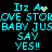 Pixelated cyan text on black background with animated heart and star effects, displaying 'Itz A LOVE STOROVE STOR BABY JUSBABY JUS SAY YES!!' in two mirrored