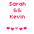Red pixelated text 'Sarah & Kevin' above pink heart symbols on white background, with animation changing heart positions.
