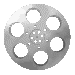 Six grayscale film reels arranged in two of three, each with circular cutouts and a central pattern
