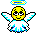 Pixelated angel icon with yellow face, white wings, blue-and-white robe, and halo; four variations show different wing positions and facial expressions.