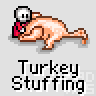 Pixel art turkey character with white head and red vest lying prone on gray background, two animation frames showing slight pose variation.