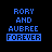 Blue pixelated text on black background reads 'RORY AND AUBREE FOREVER' with white lettering in the bottom blue bar.
