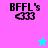 Pixelated text 'BFFL's' with three stylized eyes on four distinct background colors, featuring two star-shaped animations.