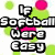 Pixelated text on a white background with green and pink circular shapes, stating "If Softball Were Easy It Would Be Called... BASEBALL".