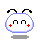 Pixelated circular icon with blue outline, black curved antennae, two red plus signs on cheeks, and a white face showing closed eyes.