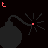 Animated sequence of dark gray bombs with multicolored fuse tips and small starburst sparks on black background, each bomb accompanied by colorful pixelated text below.