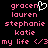 Pixelated text list with pink names and symbols on black background, featuring a white heart symbol above 'grocen' in the left