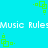 Pixelated cyan background with repeating green square animations and white "Music Rules" text in two horizontal bands.