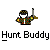 Pixel art character in checkered jacket and cap holding a rifle, with text 'Hunt Buddy' below on gray background.