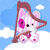 Pixelated cartoon bear with pink stripes plays a brown harp on a cloud, holding a pink heart-shaped balloon against a blue sky.