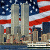 Pixelated image of twin towers with American flag background and green text reading 'Original Icons .com' on right side.