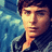 Pixelated portrait of a person with dark hair and a dark jacket against a blue background with light patches.