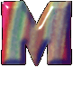A single stylized letter M with a glossy, iridescent surface displaying shifting hues of pink, green, blue, and purple against a light gray background.