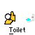 Pixelated yellow figure with white head and blue toilet, showing multiple poses including hand raised to face, hands together, and one hand on the toilet seat.