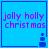 Blue square with purple text 'jolly holly christmas' and a small blue snowman icon in the bottom-right corner.