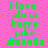 Green pixelated text on pink background reads 'i love alicia kerry jake amanda' with blue accents under 'amanda', two identical frames side-by-side.