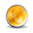 A circular pixelated icon with a gradient of yellow and orange hues, bordered by light blue and dark gray edges on a neutral gray background.