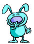 Two side-by-side pixelated cartoon characters with light blue bodies, large ears, and purple mouths holding a small object.