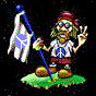 Animated character with dreadlocks, red cap, and peace sign shirt holding blue flag on green patch, background shifts between dark and light with light beams.