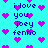 Pixelated cyan background with scattered purple hearts and repeated text 'i love you joey fennno' in blue pixel font.