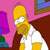 Pixelated cartoon character with yellow skin, white shirt, and brown pants, holding a yellow mug against a pink background with purple and blue shapes.