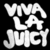 A split-screen image with 'VIVA LA JUICY' text on black and a pink pixelated dog on light gray.