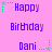 Pixelated text on pink background with green and gray star icons; repeated phrases 'Happy', 'Birthday', 'Dani ...' in purple font.