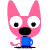 Animated contact sheet of a pink cartoon dog mascot holding a blue mug across 10 frames with varying expressions and mouth positions.