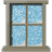 Six identical window with light brown frames and blue-tinted glass showing snowfall, arranged in two vertical on a gray background