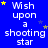 Blue background with white text reading "Wish upon a shooting star" repeated in multiple , yellow and gray stars scattered throughout