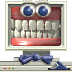 Pixelated computer monitor with blue eyes, white teeth, red gums, and a blue bow tie showing two mouth states.