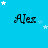 Blue background with repeated 'Alex' text and white stars, some stars animate to different positions across frames.