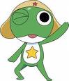 Static cartoon frog mascot with one eye closed, wearing a beige hat and yellow star on chest, waving against white background.