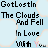 Pixelated text on light blue background with white cloud shapes; repeated phrases 'GotLostIn The Clouds And Fell In Love With You' in black and pink lettering.