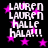 Pixelated text and pink stars on black background, with repeated 'LAUREN' and 'HALLE' phrases in white block letters.