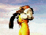Animated sequence of a character in a yellow dress performing a hair-flip motion against a sky background, followed by a lower-body view and two static head shots.