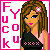Pixel art contact sheet of an animated AIM buddy icon featuring a cartoon woman with brown hair and blue eyes, surrounded by repeating text "FUCK" in pink and purple letters on white background.