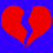 Two red broken heart shapes on a solid blue background, each heart split into two jagged pieces.
