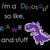 A pixelated purple dinosaur icon with white accents appears on a black background, accompanied by orange text blocks and multicolored text fragments.
