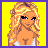 A 4-frame pixel art contact sheet showing a blonde woman in various poses with text elements, set against yellow backgrounds and purple borders.