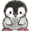 A 4-frame animated contact sheet of a cartoon penguin with pink feet, showing different poses and expressions against a gray background.