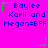 Bright pink background with blue text reading "Baylee Karli and Megan=BFF" repeated in a , surrounded by green star-shaped pixel clusters