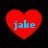 Four red heart shapes with blue text 'jake' centered inside each, arranged in a on black background