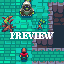 Pixel art scene with four characters on a teal grid background, featuring a central 'PREVIEW' text overlay.