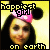 Pixelated image of a person with dark hair wearing pink Minnie Mouse ears, yellow background text reads 'happiest girl on earth'.